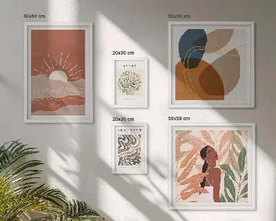 Zestaw obrazów w ramie do galerii ściennej z roślinnymi i abstrakcyjnymi motywami w stylu boho