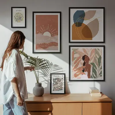 Zestaw obrazów w ramie do galerii ściennej z roślinnymi i abstrakcyjnymi motywami w stylu boho