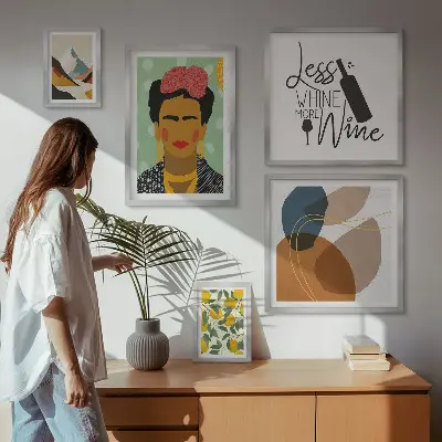 Zestaw 5 obrazów w ramie w stylu boho z motywem portretów i abstrakcji
