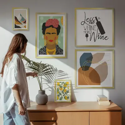 Zestaw 5 obrazów w ramie w stylu boho z motywem portretów i abstrakcji