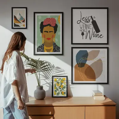 Zestaw 5 obrazów w ramie w stylu boho z motywem portretów i abstrakcji