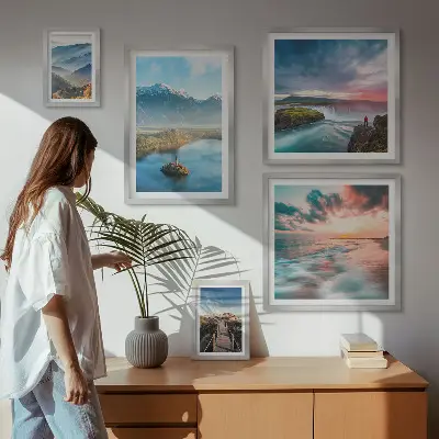 Galeria obrazów na ścianę z motywem górskich krajobrazów i wodospadów