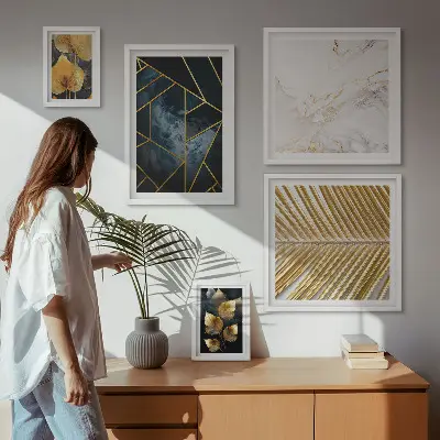 Zestaw 5 obrazów w ramie Stylowe liście i geometria
