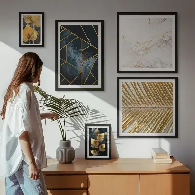 Zestaw 5 obrazów w ramie Stylowe liście i geometria