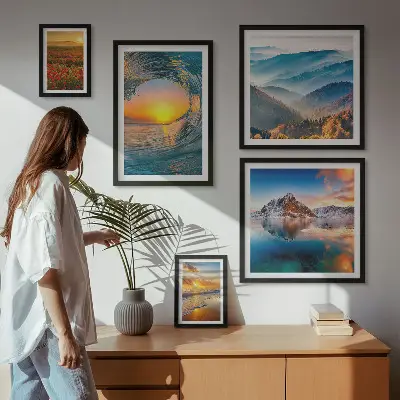 Zestaw obrazów w ramie do galerii ściennej z naturalnymi pejzażami morza, gór i kwiatów