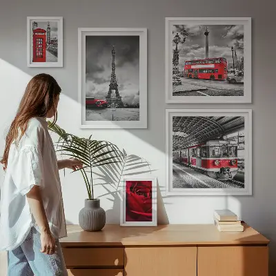 Zestaw 5 obrazów w ramach z motywem ikon architektury i pojazdów