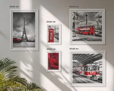 Zestaw 5 obrazów w ramach z motywem ikon architektury i pojazdów