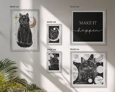 Galeria obrazów na ścianę z motywem czarnych kotów w stylu boho i kosmosu