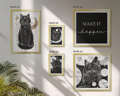 Galeria obrazów na ścianę z motywem czarnych kotów w stylu boho i kosmosu