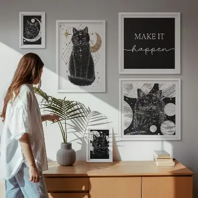 Galeria obrazów na ścianę z motywem czarnych kotów w stylu boho i kosmosu