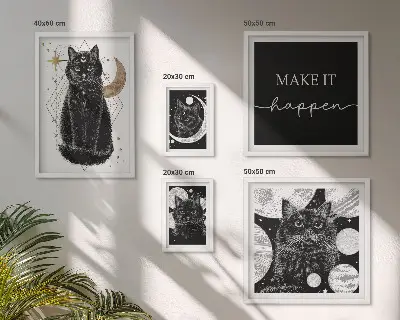 Galeria obrazów na ścianę z motywem czarnych kotów w stylu boho i kosmosu