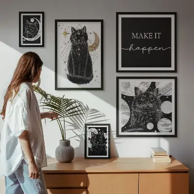 Galeria obrazów na ścianę z motywem czarnych kotów w stylu boho i kosmosu