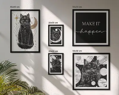Galeria obrazów na ścianę z motywem czarnych kotów w stylu boho i kosmosu