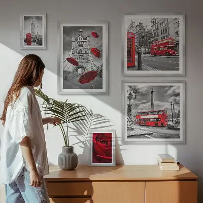 Zestaw obrazów w ramie do galerii ściennej z motywem Londynu i czerwonymi akcentami