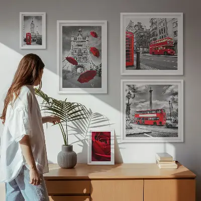Zestaw obrazów w ramie do galerii ściennej z motywem Londynu i czerwonymi akcentami