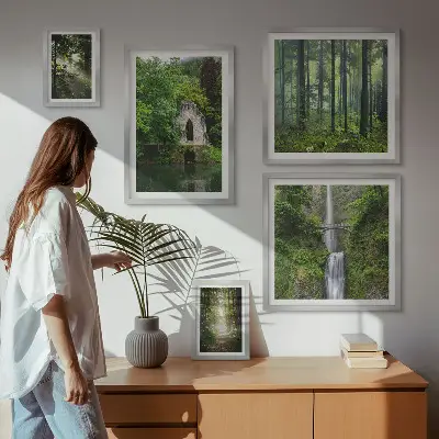 Galeria obrazów na ścianę z motywem zielonych lasów i wodospadów