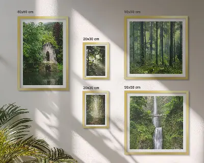 Galeria obrazów na ścianę z motywem zielonych lasów i wodospadów