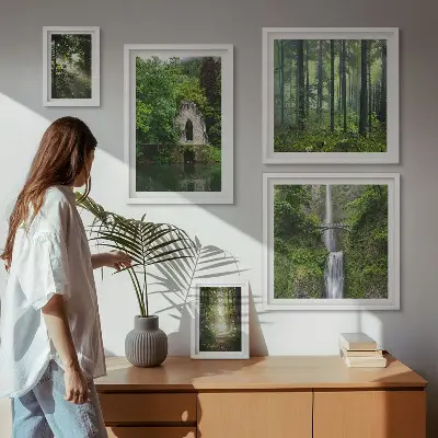 Galeria obrazów na ścianę z motywem zielonych lasów i wodospadów