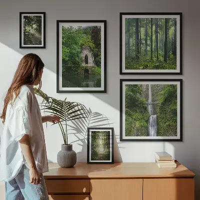 Galeria obrazów na ścianę z motywem zielonych lasów i wodospadów