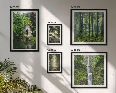 Galeria obrazów na ścianę z motywem zielonych lasów i wodospadów