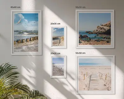 Zestaw obrazów w ramie do galerii ściennej z nadmorskimi pejzażami plażowymi