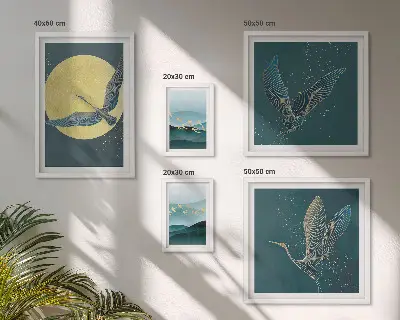 Zestaw obrazów w ramie do galerii ściennej z motywem nocnego nieba z ptakami i krajobrazami