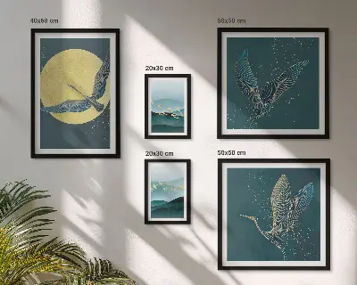 Zestaw obrazów w ramie do galerii ściennej z motywem nocnego nieba z ptakami i krajobrazami