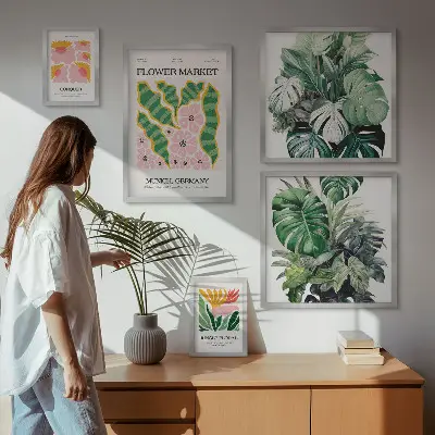 Galeria obrazów na ścianę z roślinnymi motywami kwiatów w stylu boho