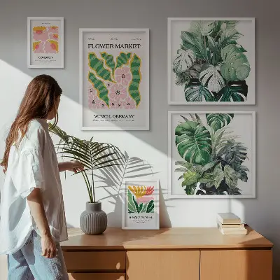 Galeria obrazów na ścianę z roślinnymi motywami kwiatów w stylu boho