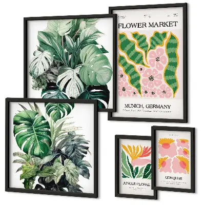 Galeria obrazów na ścianę z roślinnymi motywami kwiatów w stylu boho