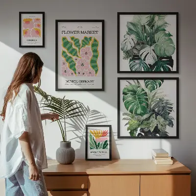 Galeria obrazów na ścianę z roślinnymi motywami kwiatów w stylu boho