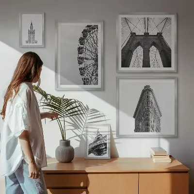 Architektura metropolii czarno-biała zestaw 5 obrazów w ramie