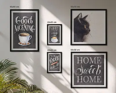 Galeria obrazów na ścianę z motywem kawy, kota i pozytywnych haseł