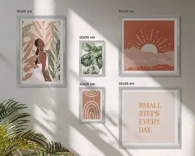 Zestaw obrazów w ramie do galerii ściennej w stylu boho z motywem roślinnym