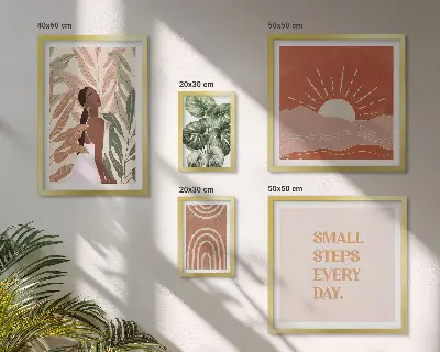 Zestaw obrazów w ramie do galerii ściennej w stylu boho z motywem roślinnym