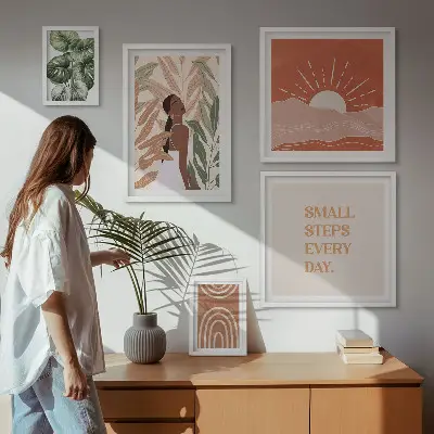 Zestaw obrazów w ramie do galerii ściennej w stylu boho z motywem roślinnym