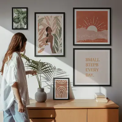 Zestaw obrazów w ramie do galerii ściennej w stylu boho z motywem roślinnym