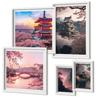 Zestaw obrazów w ramie do galerii ściennej Krajobrazy Japonii z wiśniami