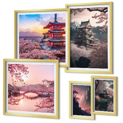 Zestaw obrazów w ramie do galerii ściennej z motywem krajobrazów Japonii z wiśniami