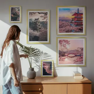 Zestaw obrazów w ramie do galerii ściennej z motywem krajobrazów Japonii z wiśniami