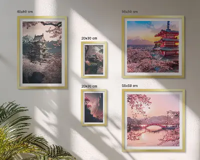 Zestaw obrazów w ramie do galerii ściennej z motywem krajobrazów Japonii z wiśniami
