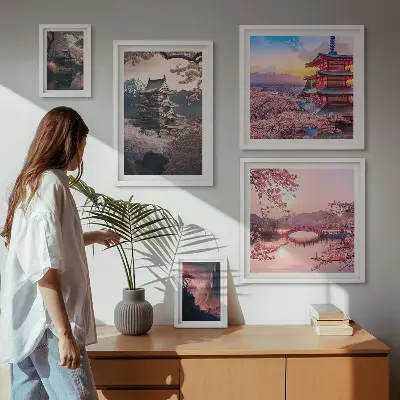 Zestaw obrazów w ramie do galerii ściennej z motywem krajobrazów Japonii z wiśniami