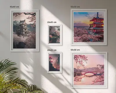 Zestaw obrazów w ramie do galerii ściennej z motywem krajobrazów Japonii z wiśniami