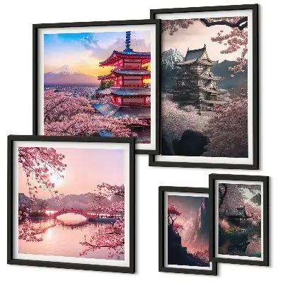 Zestaw obrazów w ramie do galerii ściennej z motywem krajobrazów Japonii z wiśniami