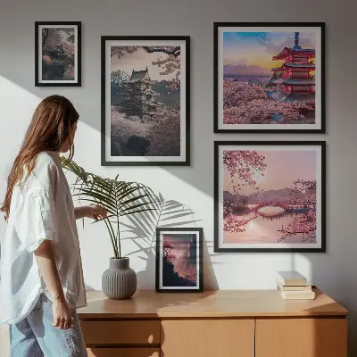 Zestaw obrazów w ramie do galerii ściennej z motywem krajobrazów Japonii z wiśniami