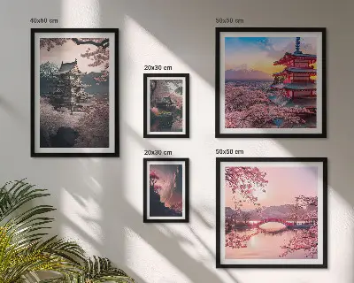 Zestaw obrazów w ramie do galerii ściennej z motywem krajobrazów Japonii z wiśniami