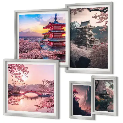 Zestaw obrazów w ramie do galerii ściennej z motywem krajobrazów Japonii z wiśniami