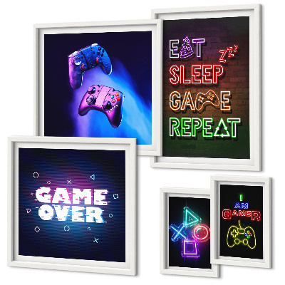 Zestaw obrazów w ramie do galerii ściennej Gry komputerowe neonowe motywy