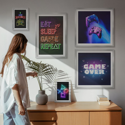 Zestaw obrazów w ramie do galerii ściennej Gry komputerowe neonowe motywy