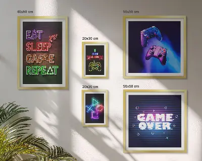 Zestaw obrazów w ramie do galerii ściennej z neonowymi motywami gier komputerowych